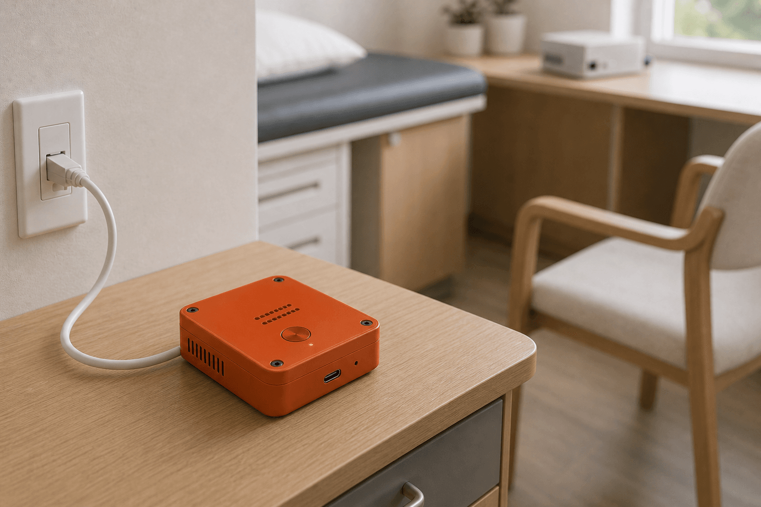 Orange Ryvo room mic capture device on a side table in a medical exam room.